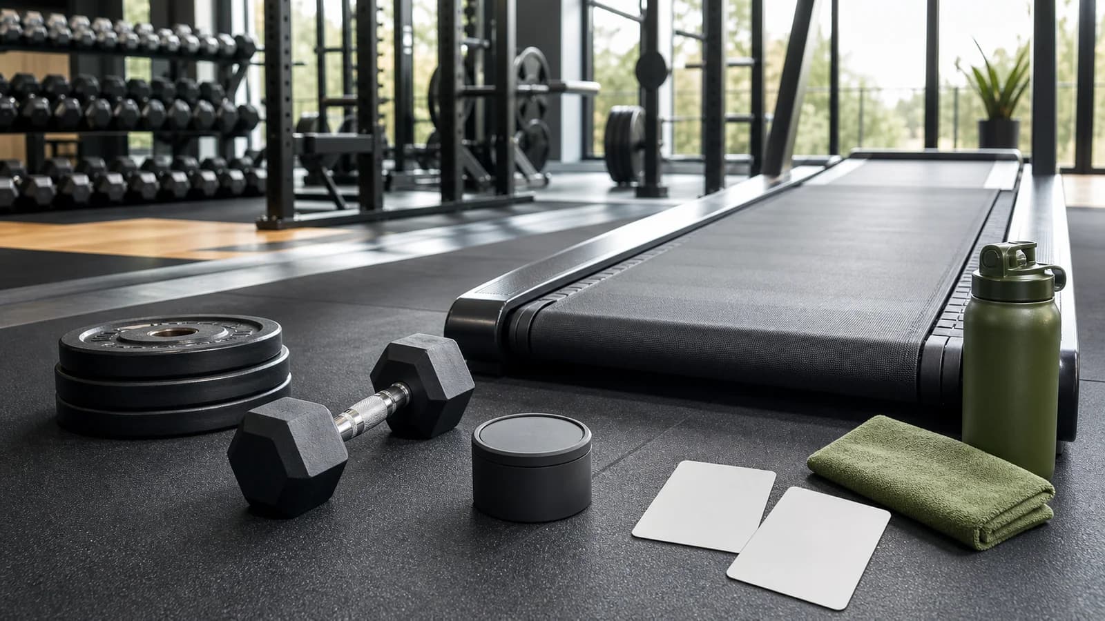 Person-free gym scene with an empty treadmill, dumbbell, plates, blank timer, and cards for a cardio-between-sets decision.