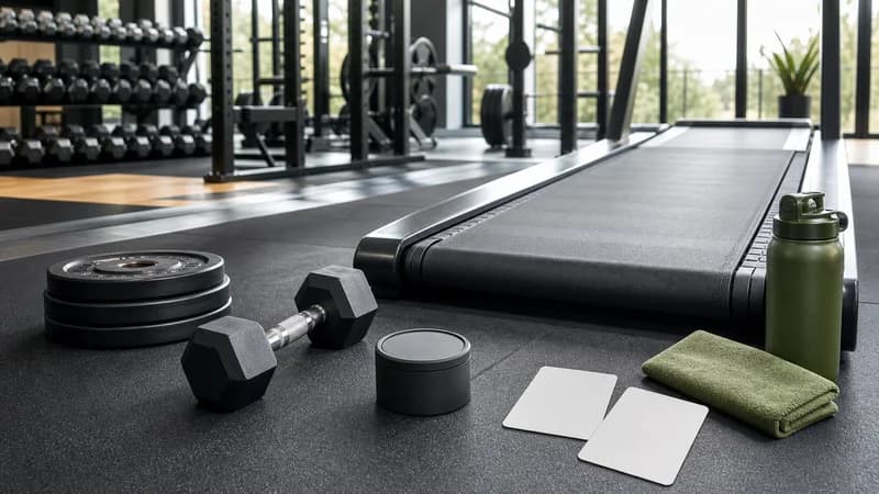 Personfri gymscene med tomt løbebånd, håndvægt, vægtskiver, blank timer og kort til valg om kondition mellem sæt.