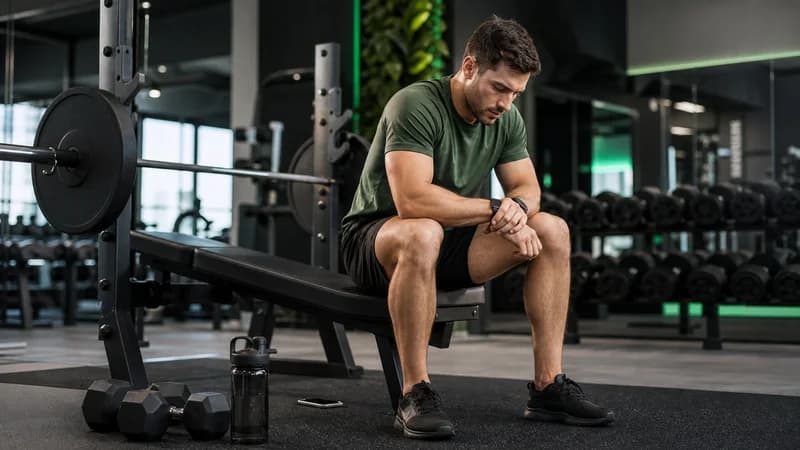 Modern spor salonunda kuvvet setleri arasında dinlenen atlet