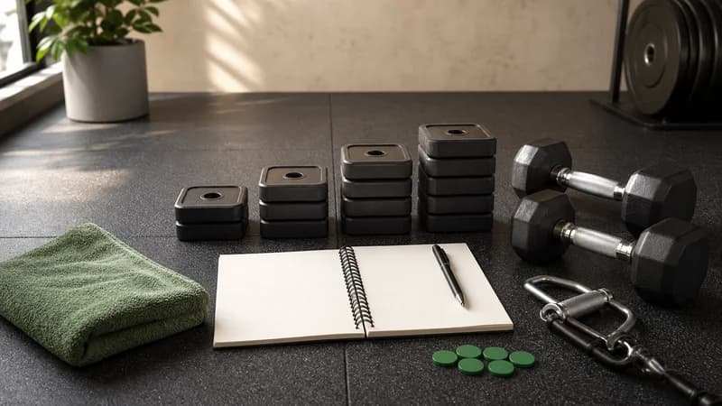 Gymvloer zonder personen met volumeblokken, dumbbells, kabelgreep, handdoek en leeg trainingsboekje.