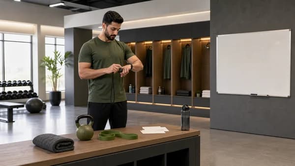Männlicher Studiobesucher prüft eine Stoppuhr vor dem Training mit Muskelkater.