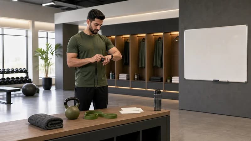 Manlig gymbesökare kontrollerar stoppur före träning med träningsvärk.