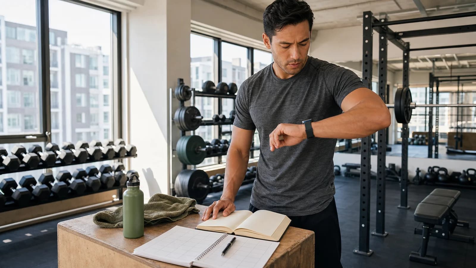 Atlet pria meninjau log workout kosong dan wearable di gym terang.