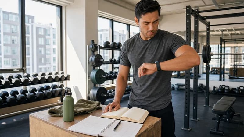 Manlig atlet granskar en tom träningslogg och wearable i ett ljust gym.