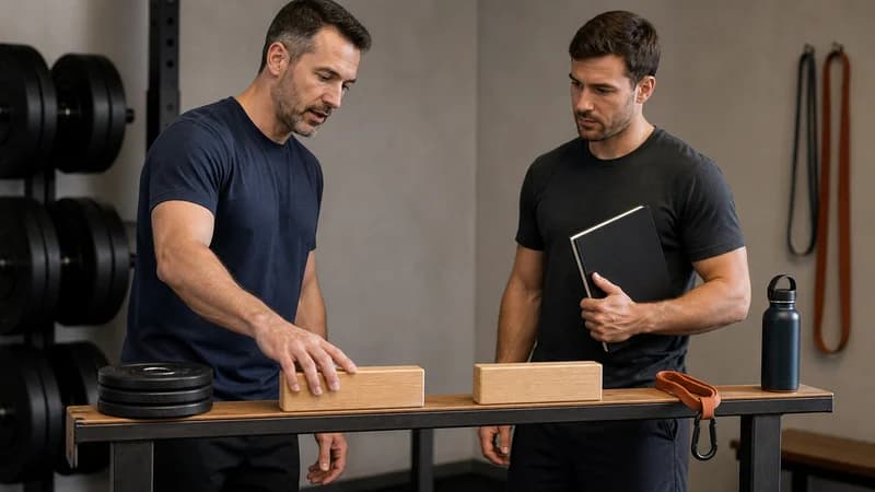 Male coach and male lifter separating strength and accessory blocks before a superset