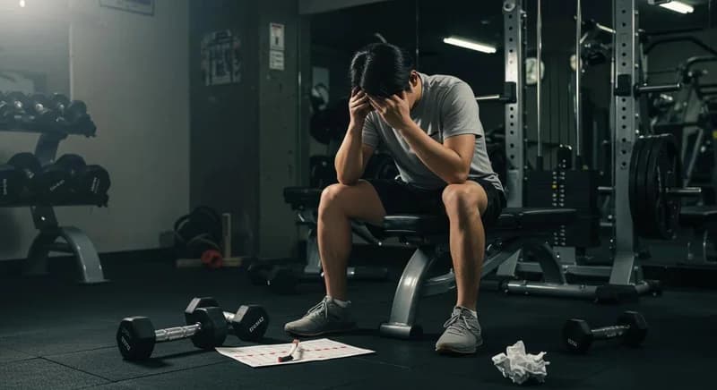 Homem cansado na academia revisando o progresso depois do treino