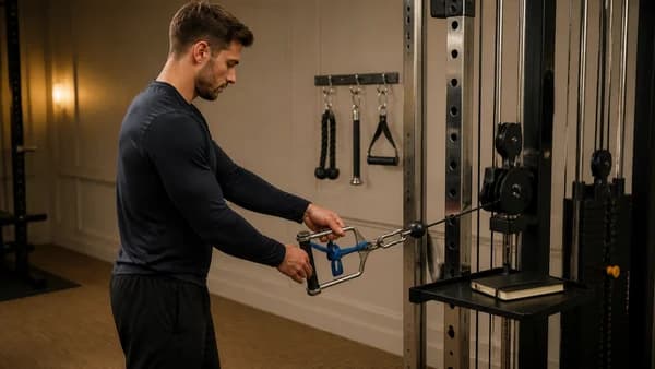 متدرب رجل يثبت مقبض سحب الكابل كأولوية قبل اختبار عضلة متأخرة في أول الحصة.