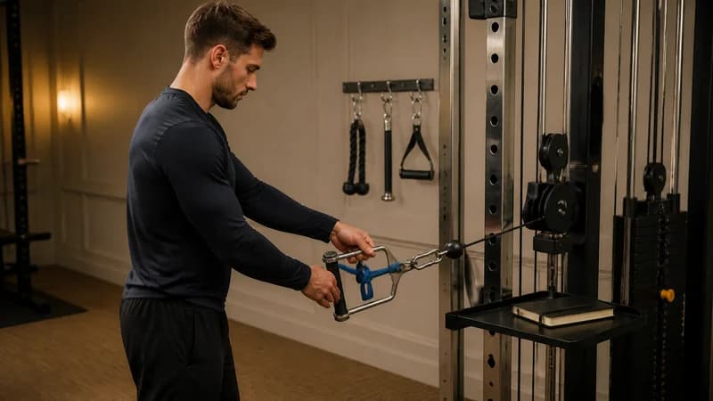 Male lifter clips a priority cable row handle before a lagging-muscle first-set test.