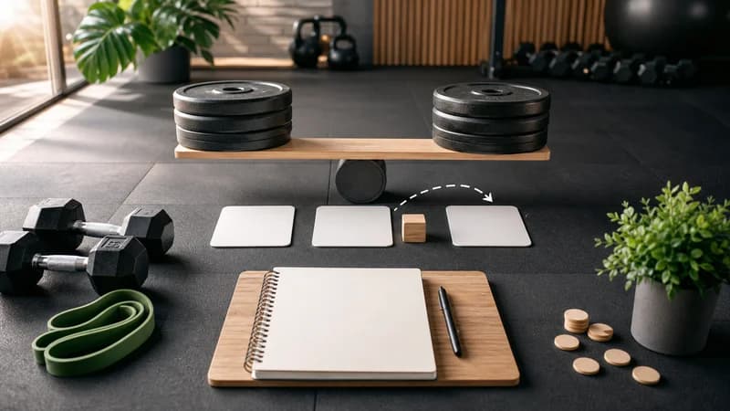 Trainingslogboek en gebalanceerde gewichtsschijven voor progressieve overload na gemiste workouts.