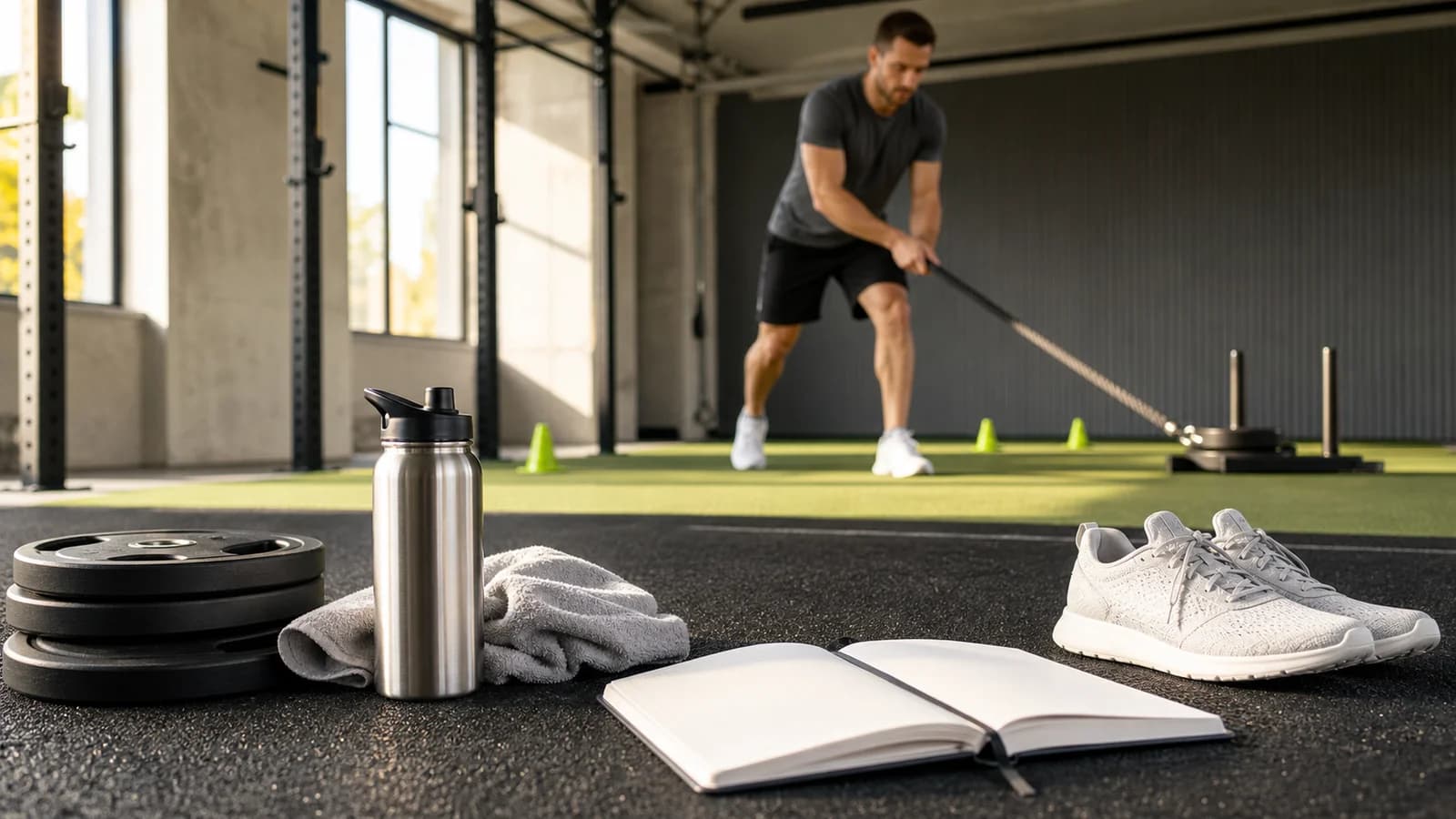 Male athlete easing into a first week back at the gym with light sled work and a blank workout log.