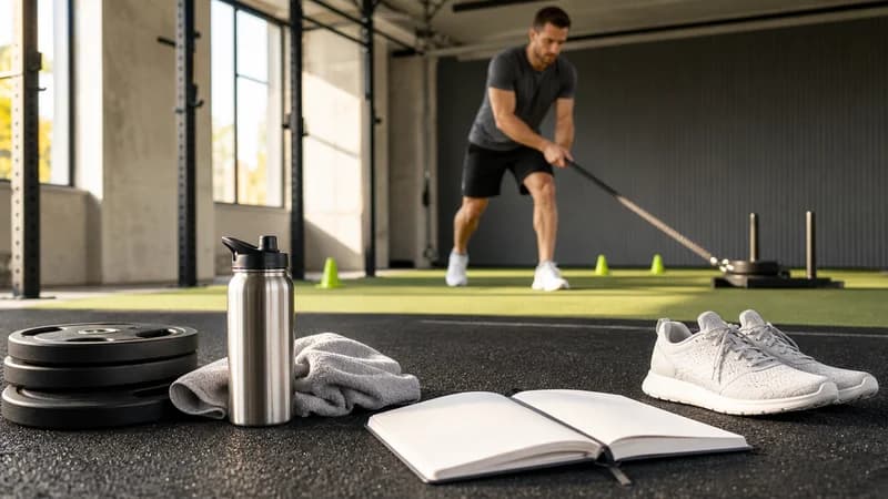 Manlig atlet återvänder lugnt till gymmet med lätt slädarbete och tom träningslogg.