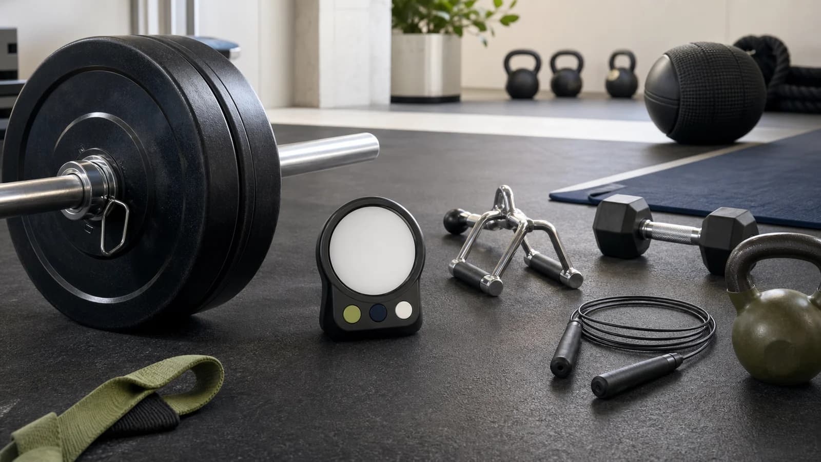 Personfri hviletimerstation med vægtskiver, kabelhåndtag, håndvægt, sjippetov og kettlebell.