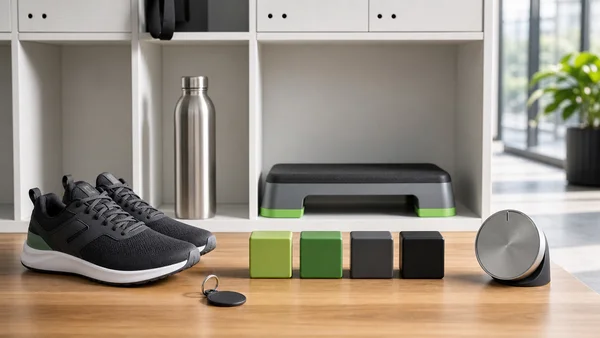 Person-free locker cubby with shoes, session blocks, step platform, bottle, access fob, and blank recovery dial