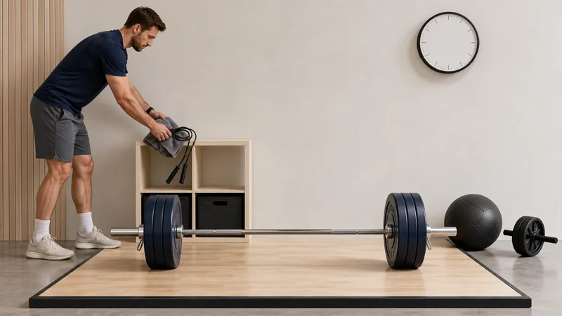 Male lifter placing a towel and jump rope into a cubby beside a ready barbell platform for a 45-minute gym workout.