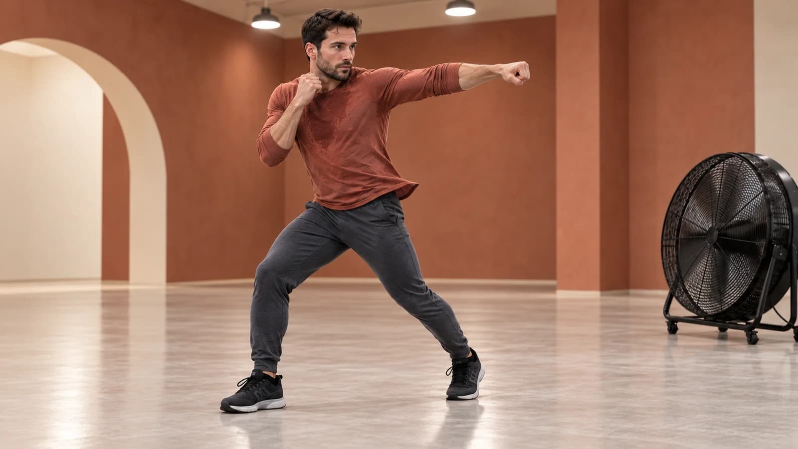 Atlet pria dewasa shadow boxing: cross terkontrol dekat kipas lantai besar di aula terakota-krem; kaus karat lembap menandakan beban panas.