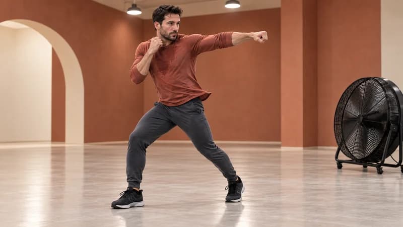 Hombre en boxeo de sombra: directo controlado ante gran ventilador de suelo, sala terracota-crema; camiseta color óxido húmeda señala calor.