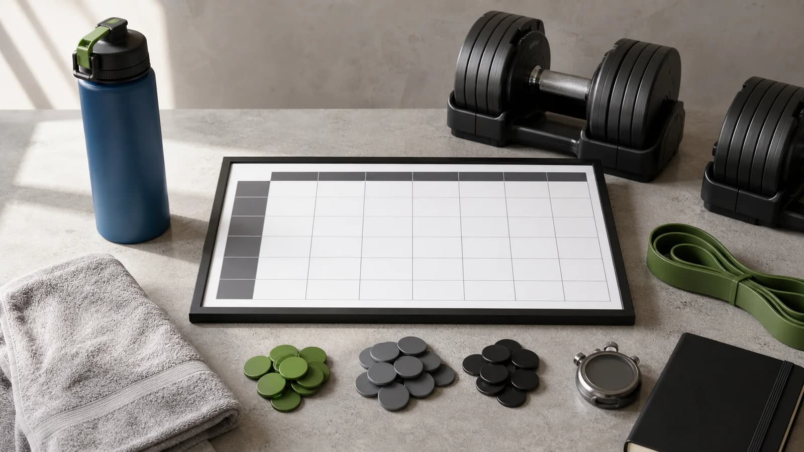 Blank gym planning board with colored weekly set tokens, dumbbells, band, towel, and stopwatch.