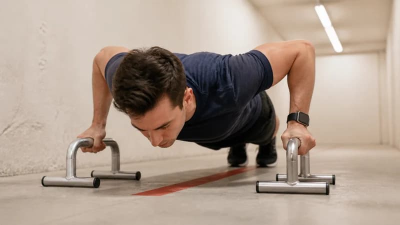 Solo male lifter lowering on silver parallettes with a blank wrist wearable and red floor stripe