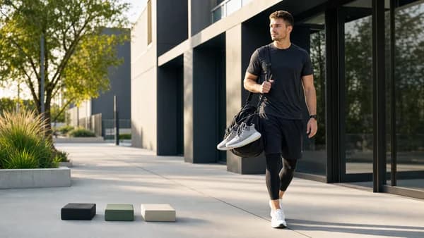 Male lifter walking outside a gym with blank planning blocks for Zone 2 cardio around leg day.