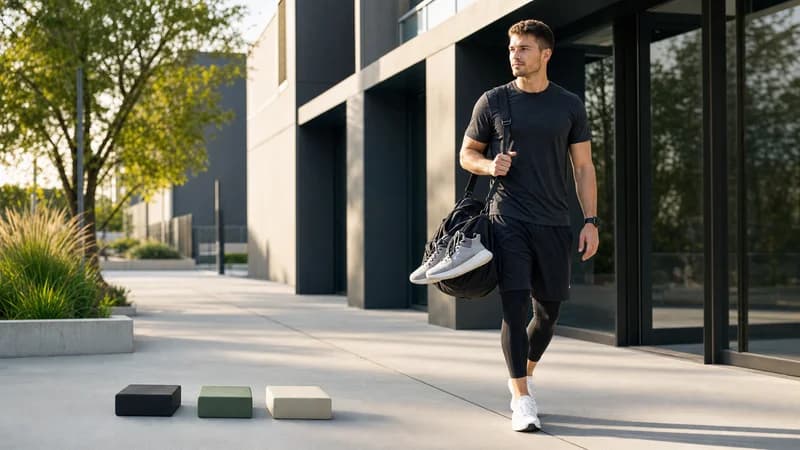 Mannelijke krachtsporter loopt buiten een moderne gym met lege planningsblokken voor Zone 2-cardio.