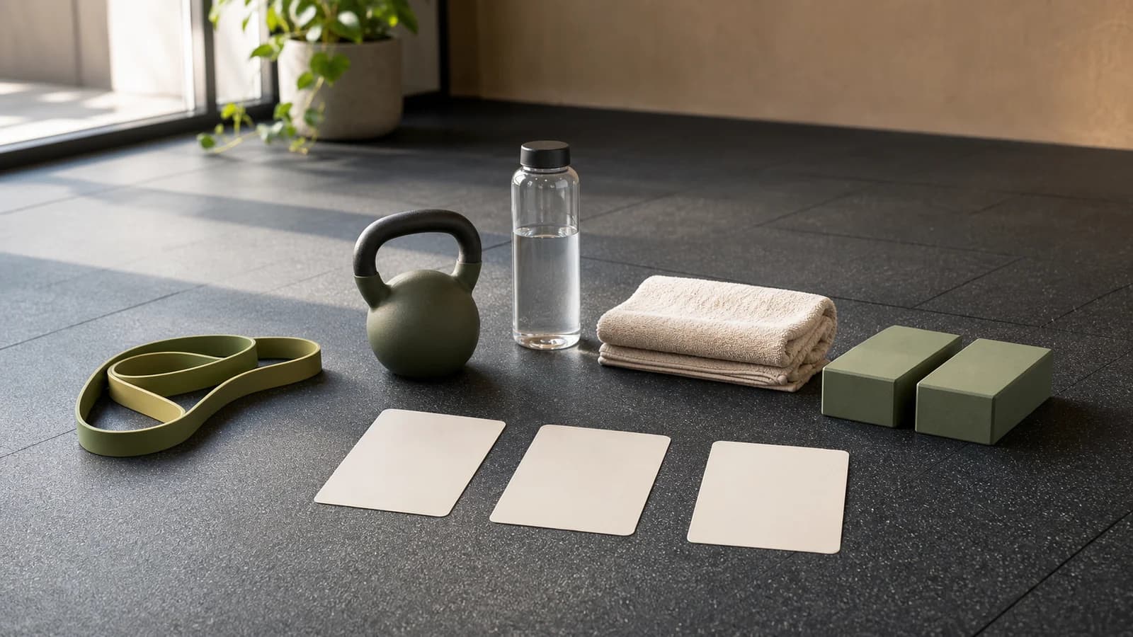 Person-free gym entry floor with band, kettlebell, towel, water, ramp blocks, and blank readiness cards.