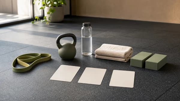 Person-free gym entry floor with band, kettlebell, towel, water, ramp blocks, and blank readiness cards.